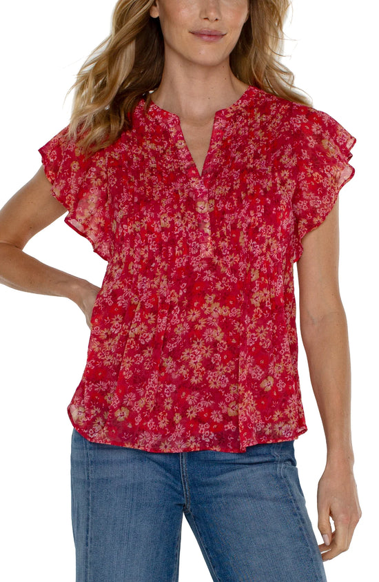 Double Layer Flutter Sleeve Top - Berry Blossom Floral