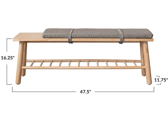 Rubberwood Bench with Slatted Shelf & Removable Cushion