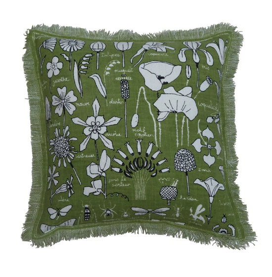Linen Blend Embroidered Pillow with Garden Print & Fringe - Olive