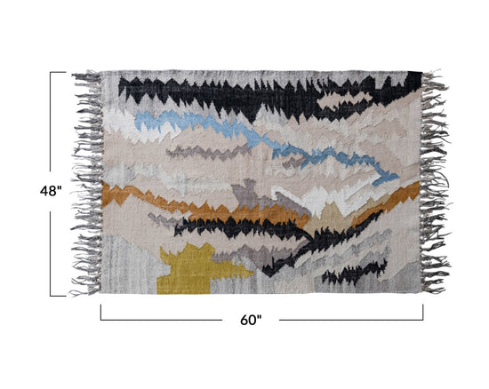 Woven Wool & Cotton Kilim Rug with Abstract Design & Fringe