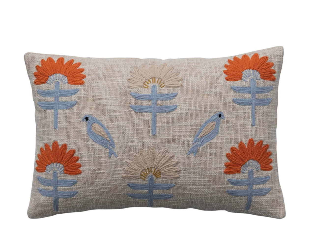 Woven Cotton Lumbar Pillow with Embroidered Flowers & Birds