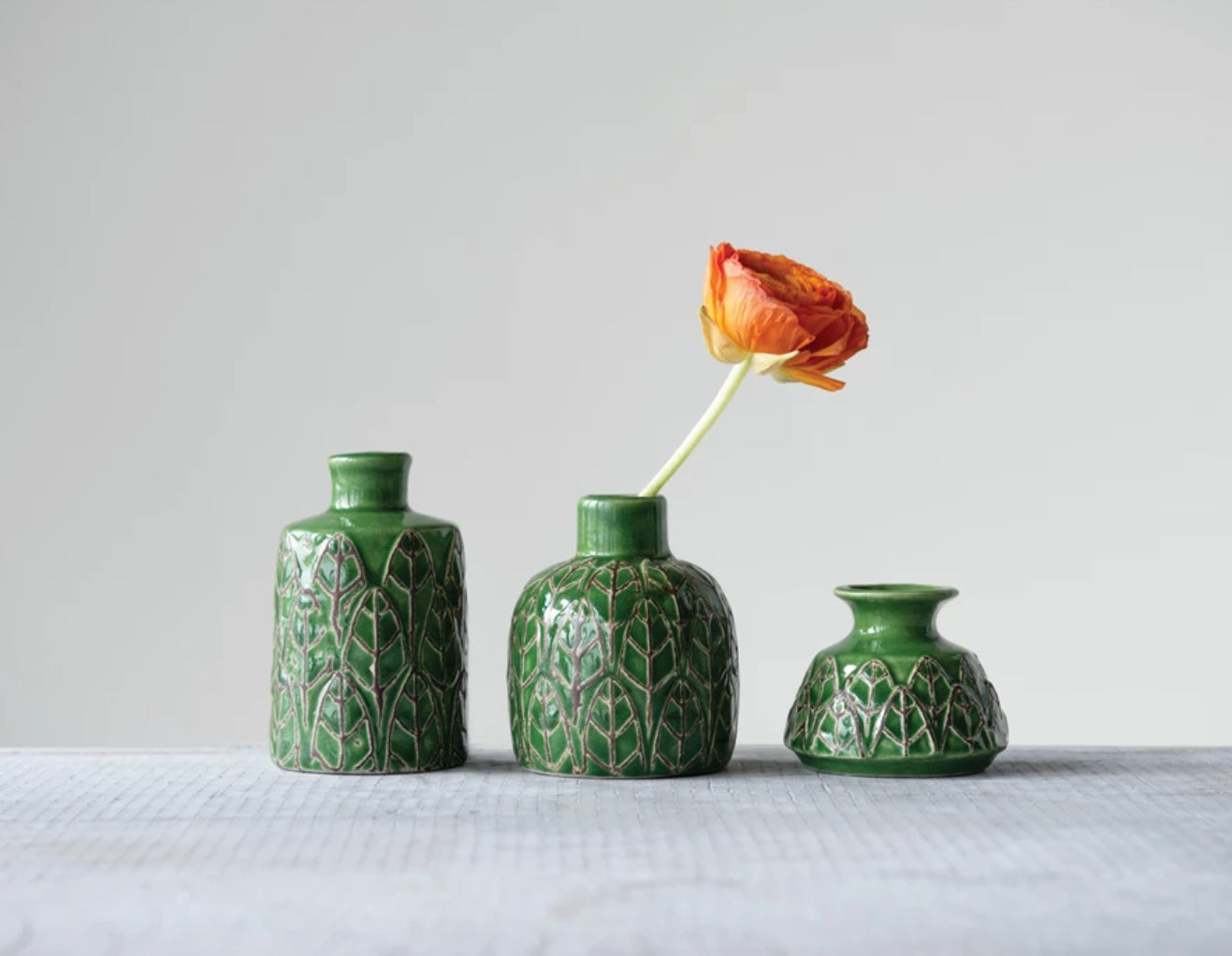 Embossed Stoneware Vase - Green - Short