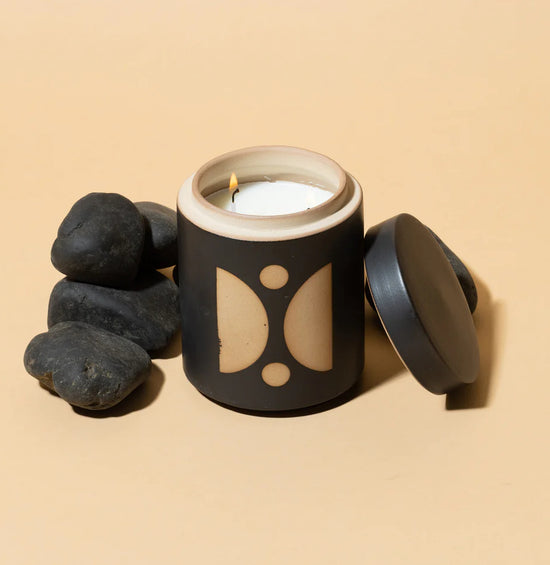 Form Black Glazed Ceramic Candle with Lid - 12 oz. - Palo Santo Suede