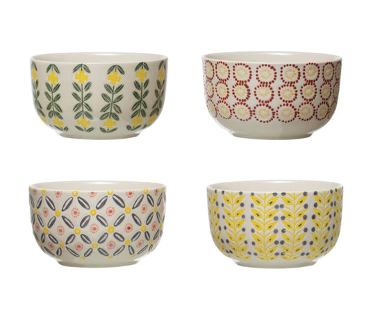 Hand-Stamped Stoneware Bowl - Yellow Flowers