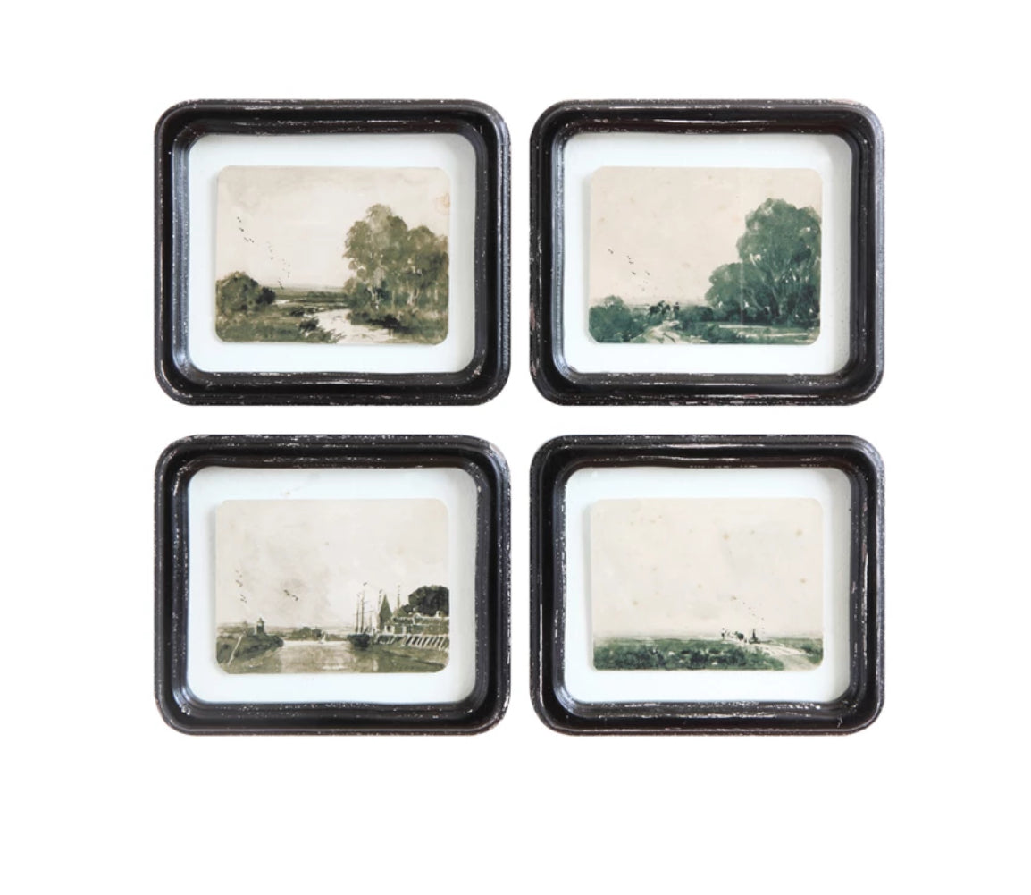 Framed Vintage Reproduction Landscape with Distressed Finish - Picture Trees & River