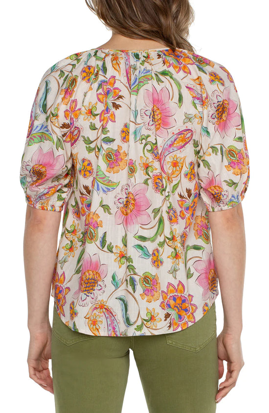Button Front Floral Top with Shirring - Pink Multi