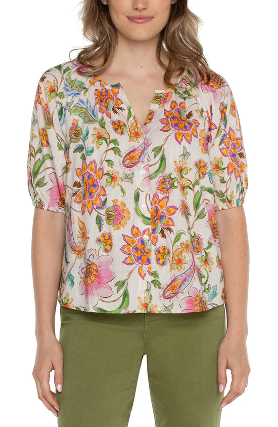 Button Front Floral Top with Shirring - Pink Multi
