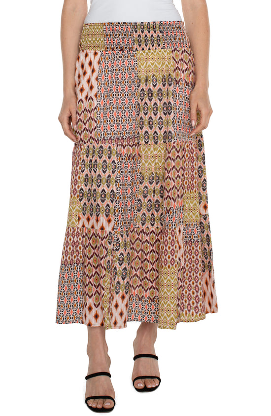 Tiered Maxi Skirt with Smocked Waist - Geo Patchwork
