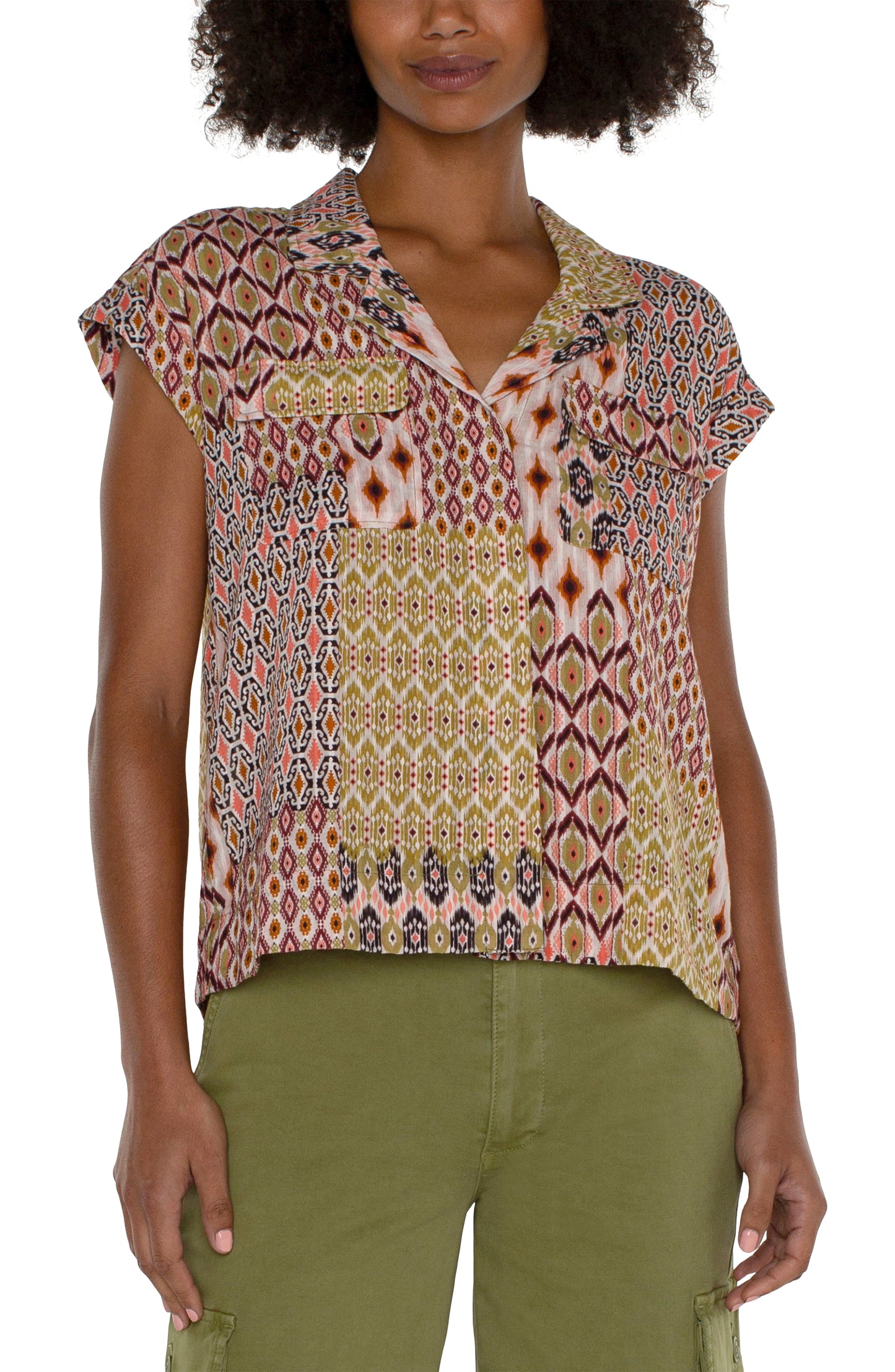 Cropped Dolman Camp Shirt with Hidden Placket - Geo Patchwork