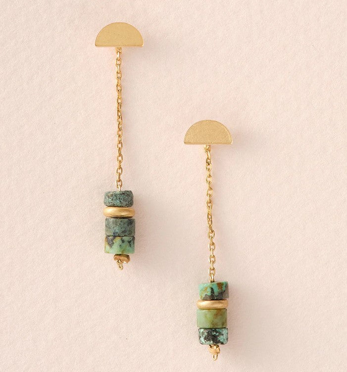 Stone Meteor Thread Earrings - African Turquoise / Gold