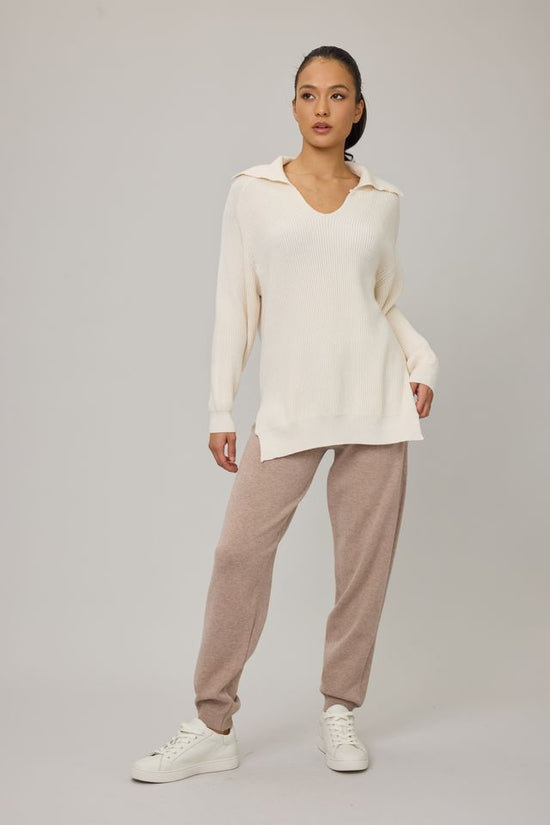 V-Neck Sweater with Collar - Cream