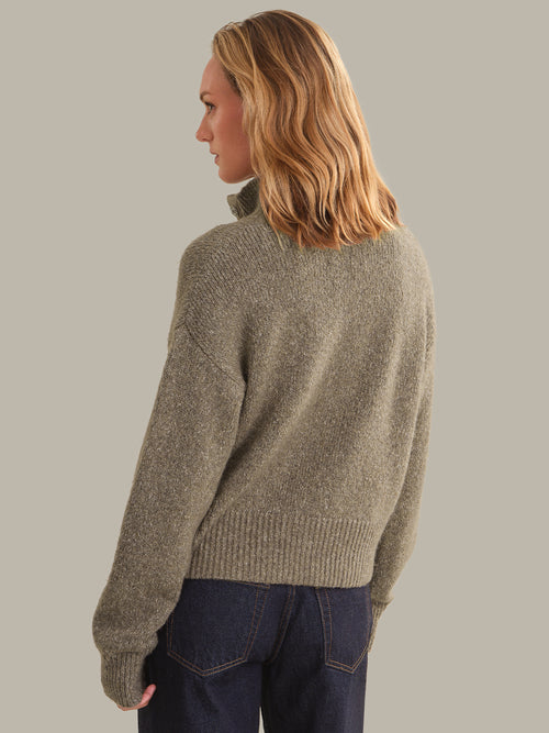 Boxy Snap Front Henley Sweater - Mushroom Melange
