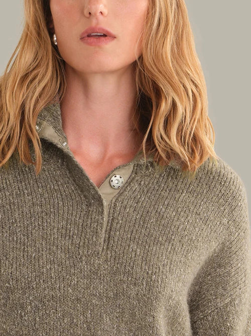 Boxy Snap Front Henley Sweater - Mushroom Melange