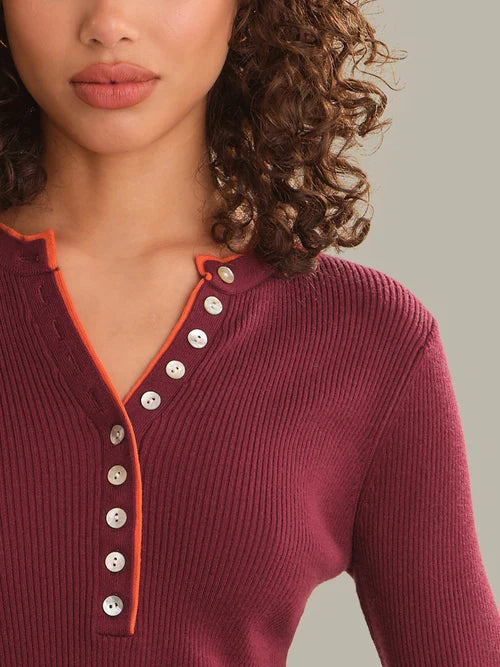 Emmeline Ribbed Henley - Dark Cherry