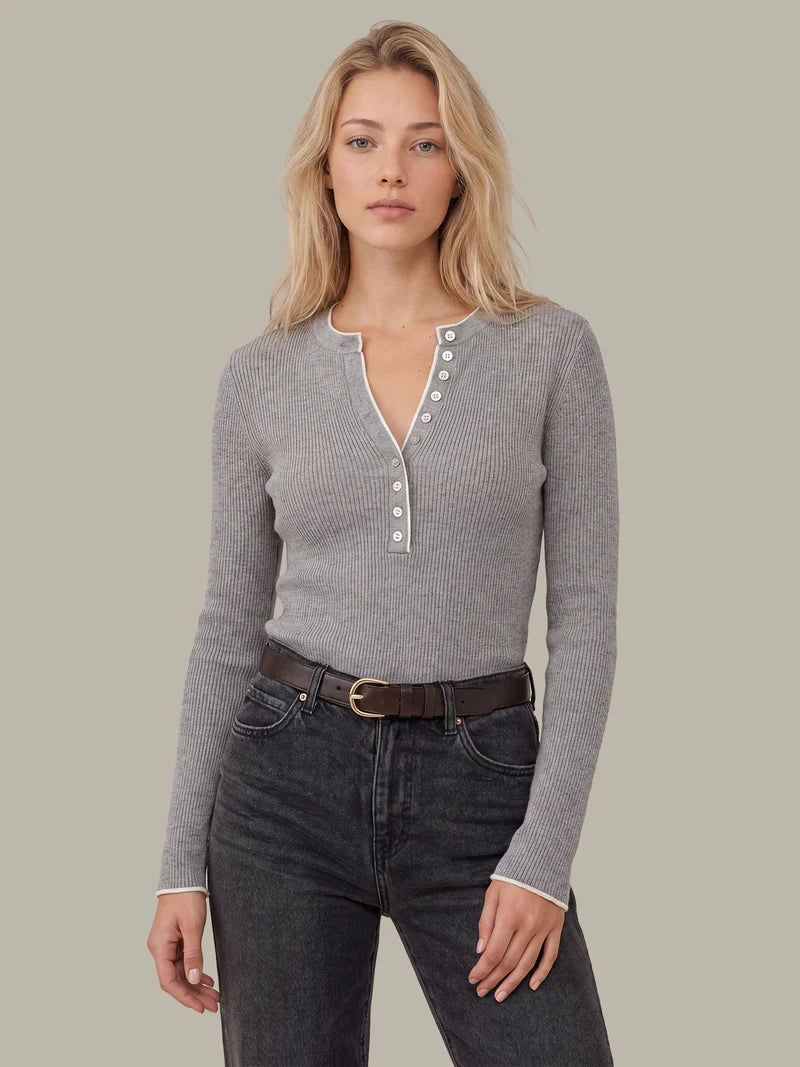 Emmeline Ribbed Henley - Heather Grey