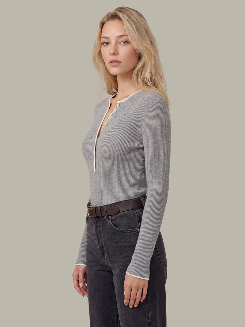 Emmeline Ribbed Henley - Heather Grey