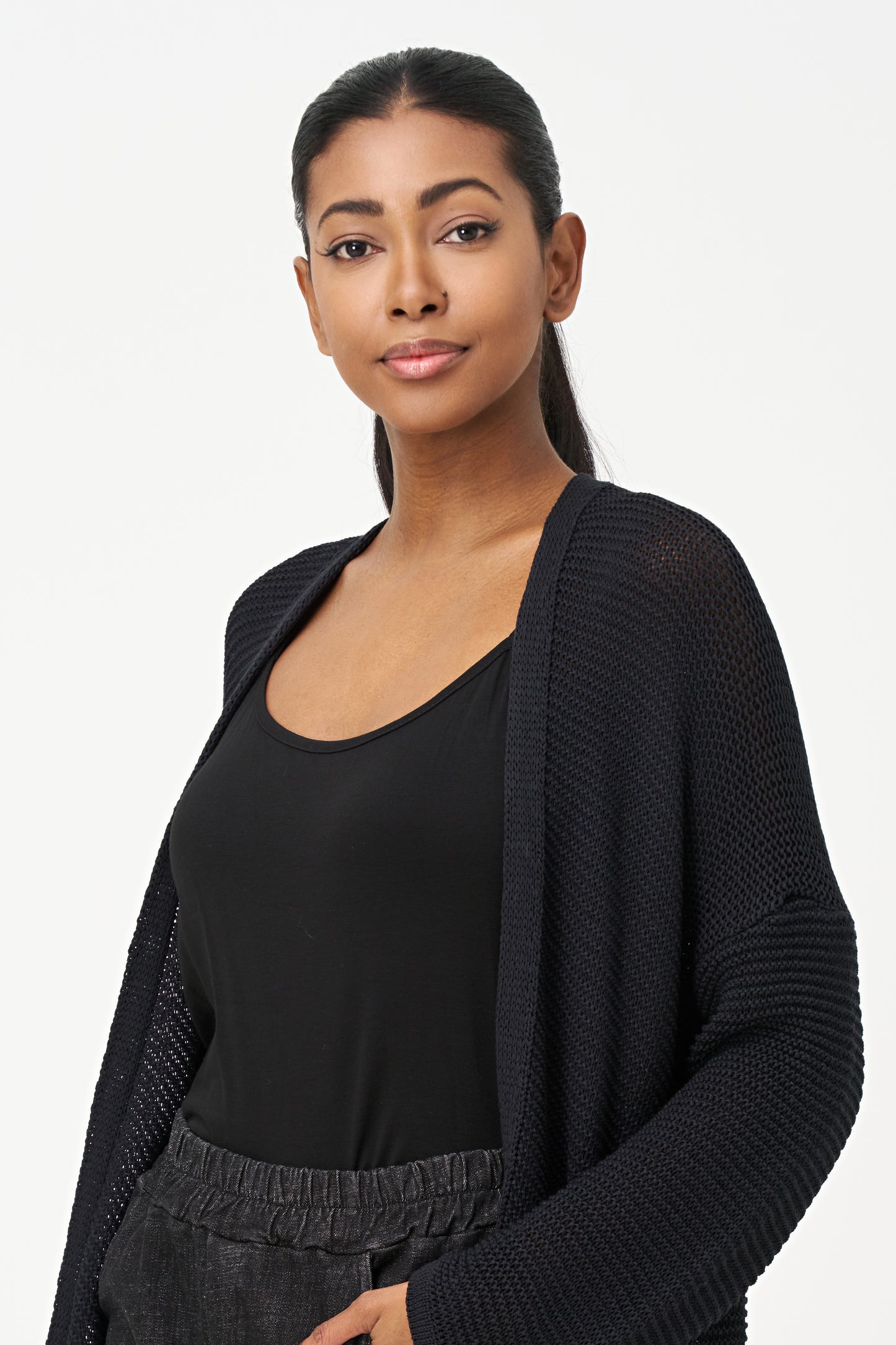 Long Open Weave Cardigan Sweater - Black
