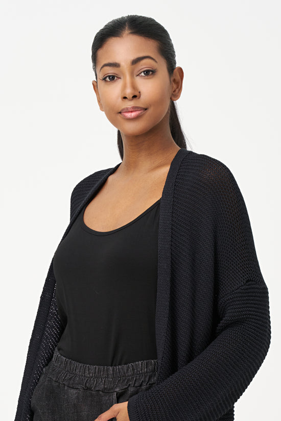 Long Open Weave Cardigan Sweater - Black