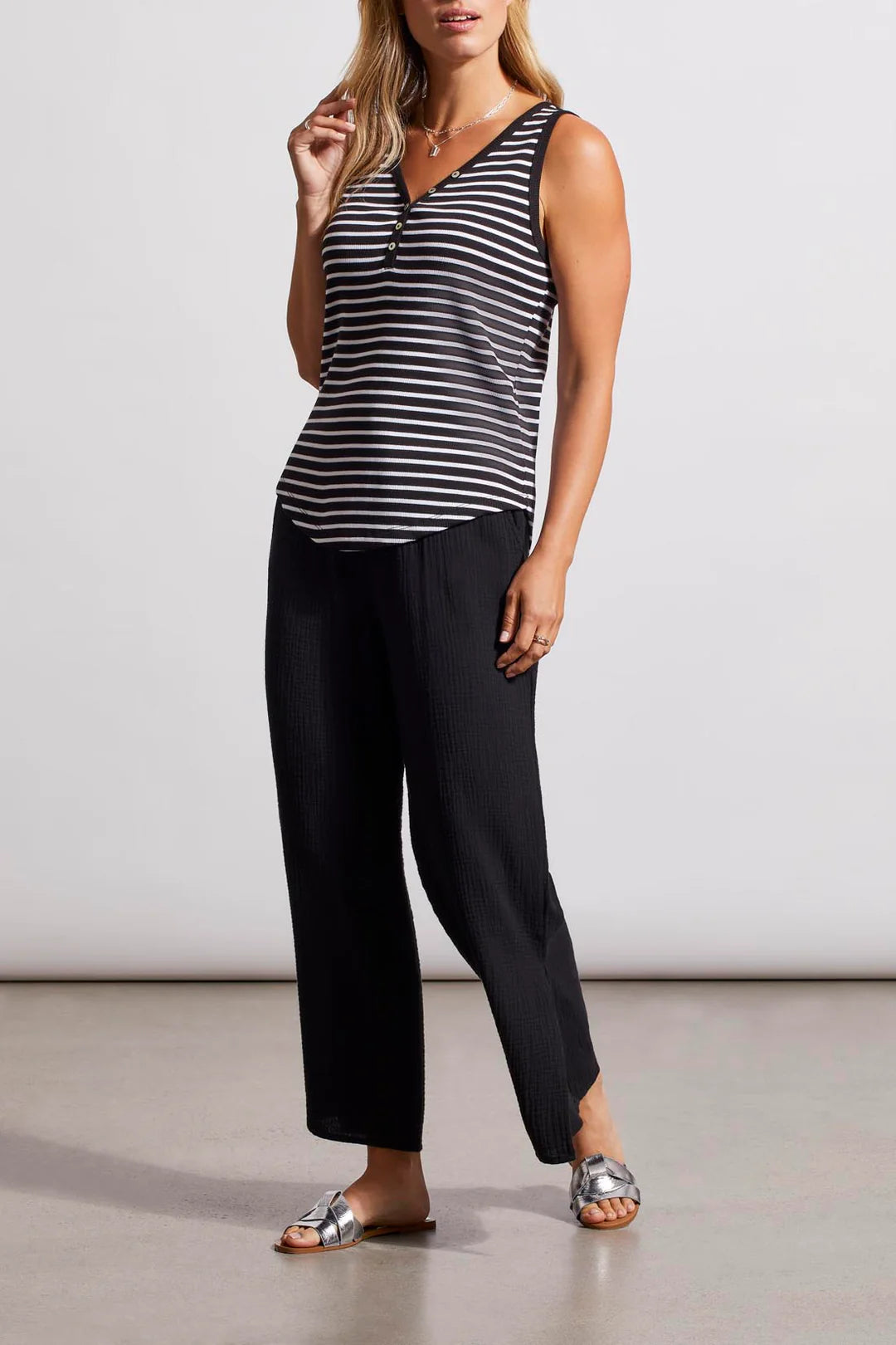 Henley Tank Top with Buttons - Black Stripe