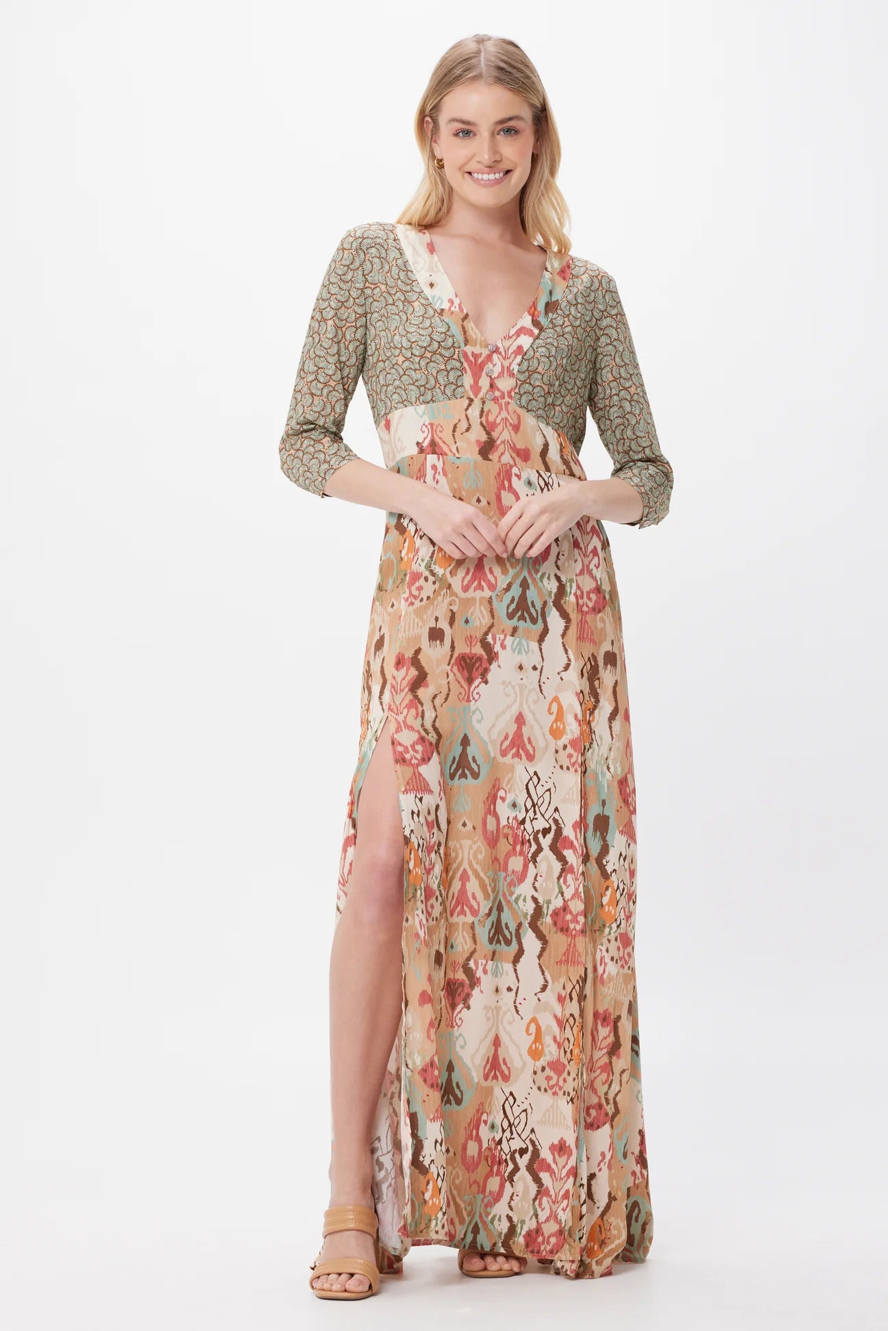 Katy Maxi Dress with Front Splits - Sea Foam/Coral