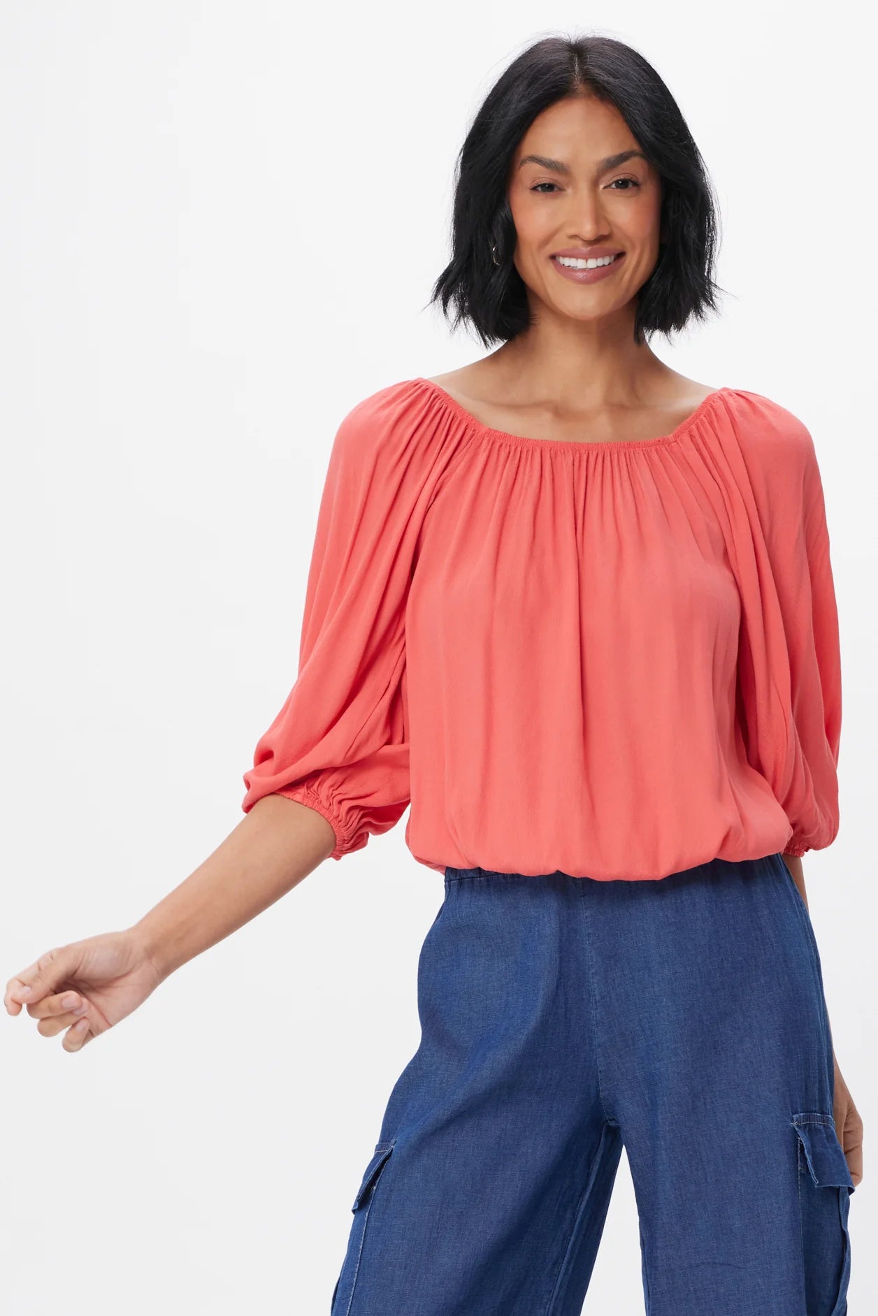 Katia Crepe Bubble Sleeve Top - Coral