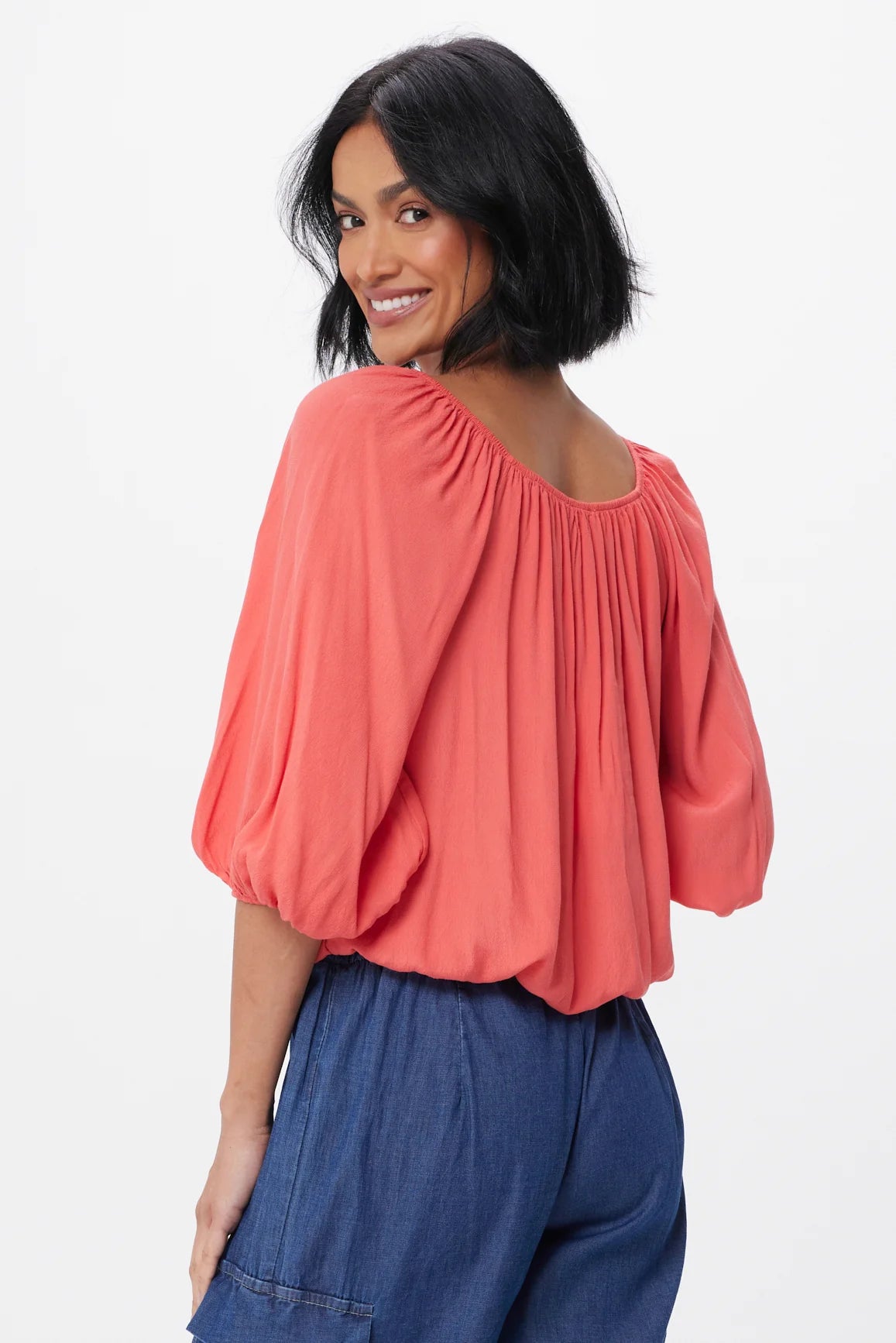 Katia Crepe Bubble Sleeve Top - Coral