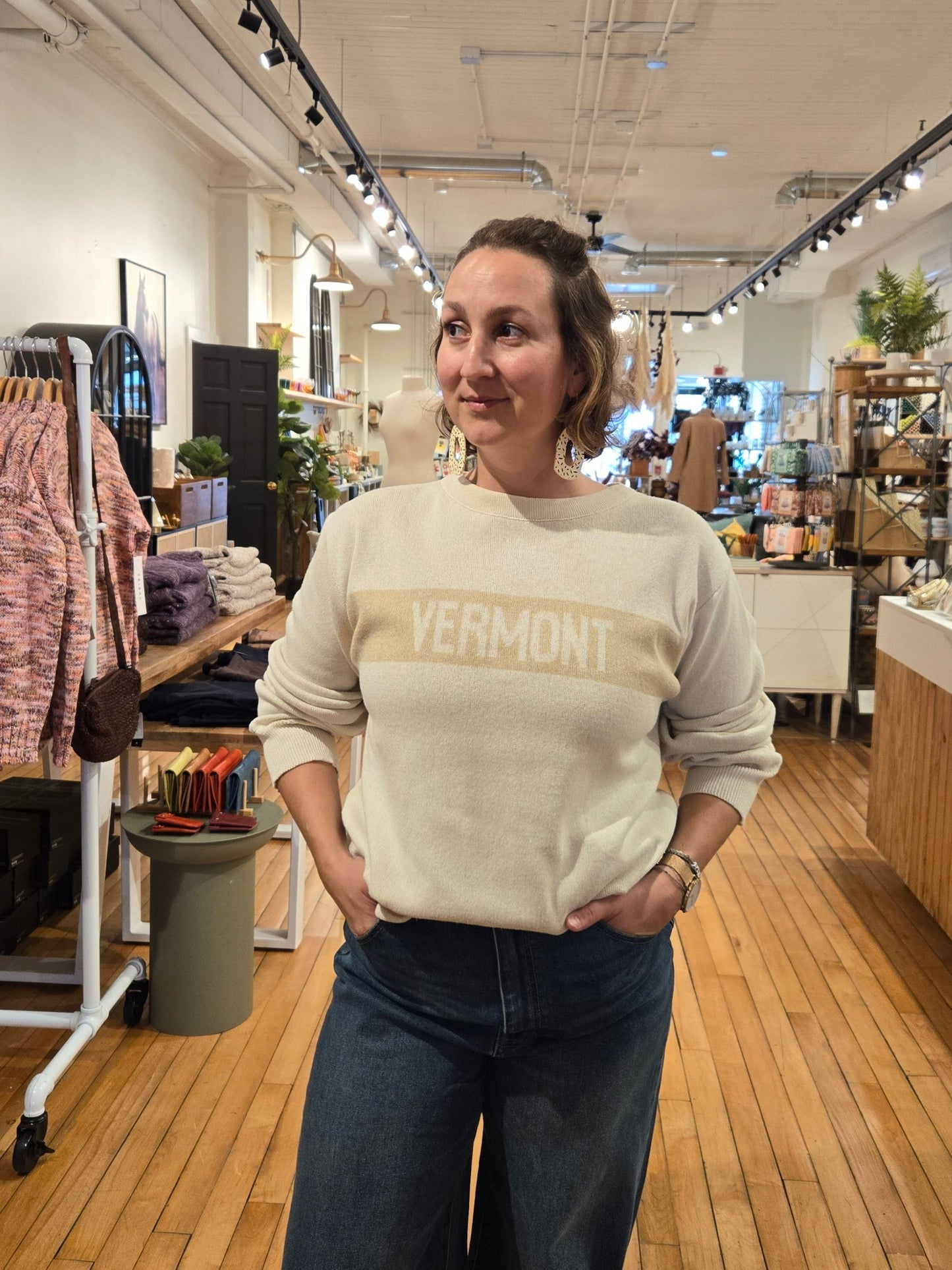 Vermont Crewneck Sweater with Stripe - Natural/Camel