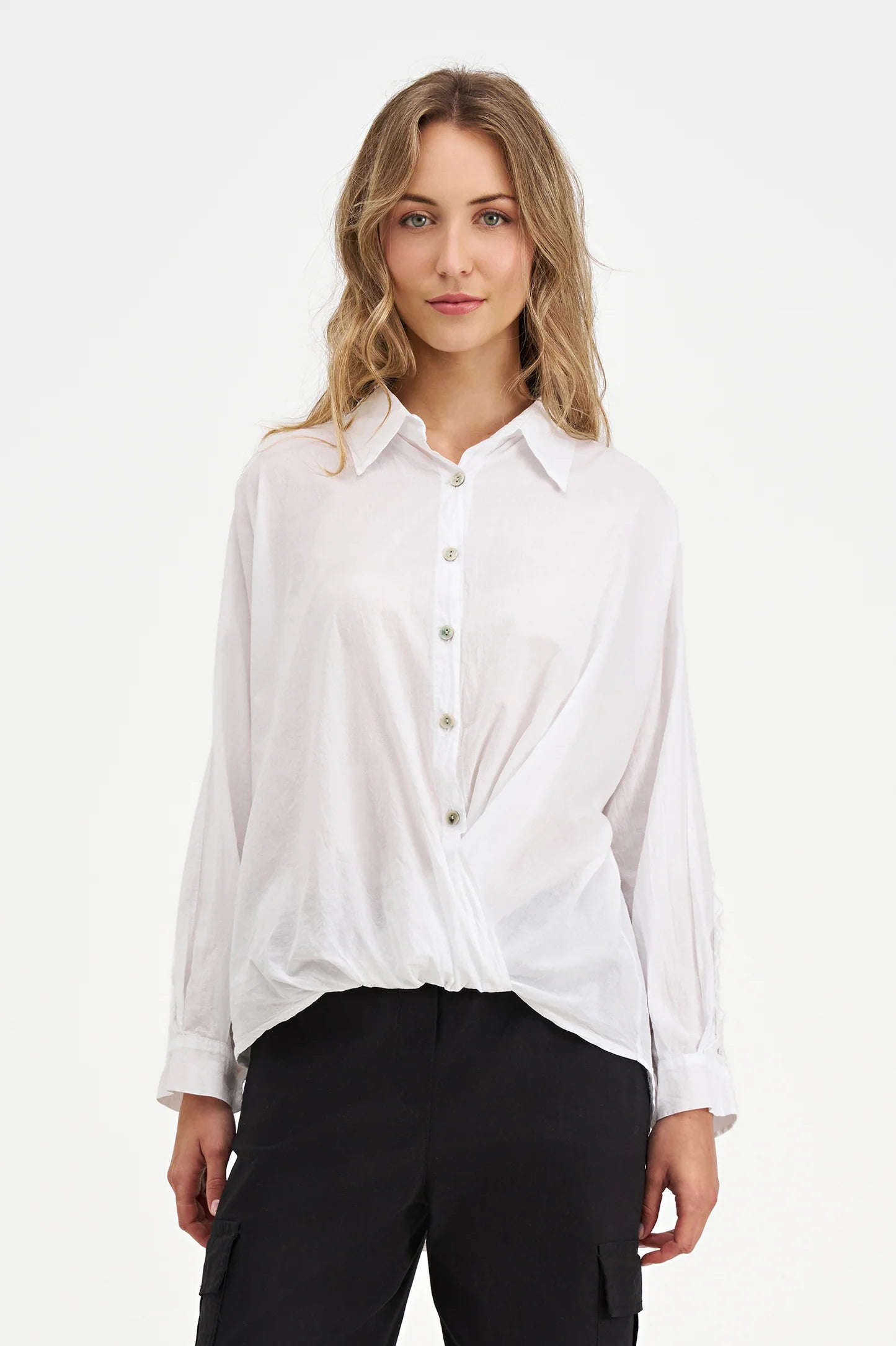 Button Front Top with Open Embroidery Back - White