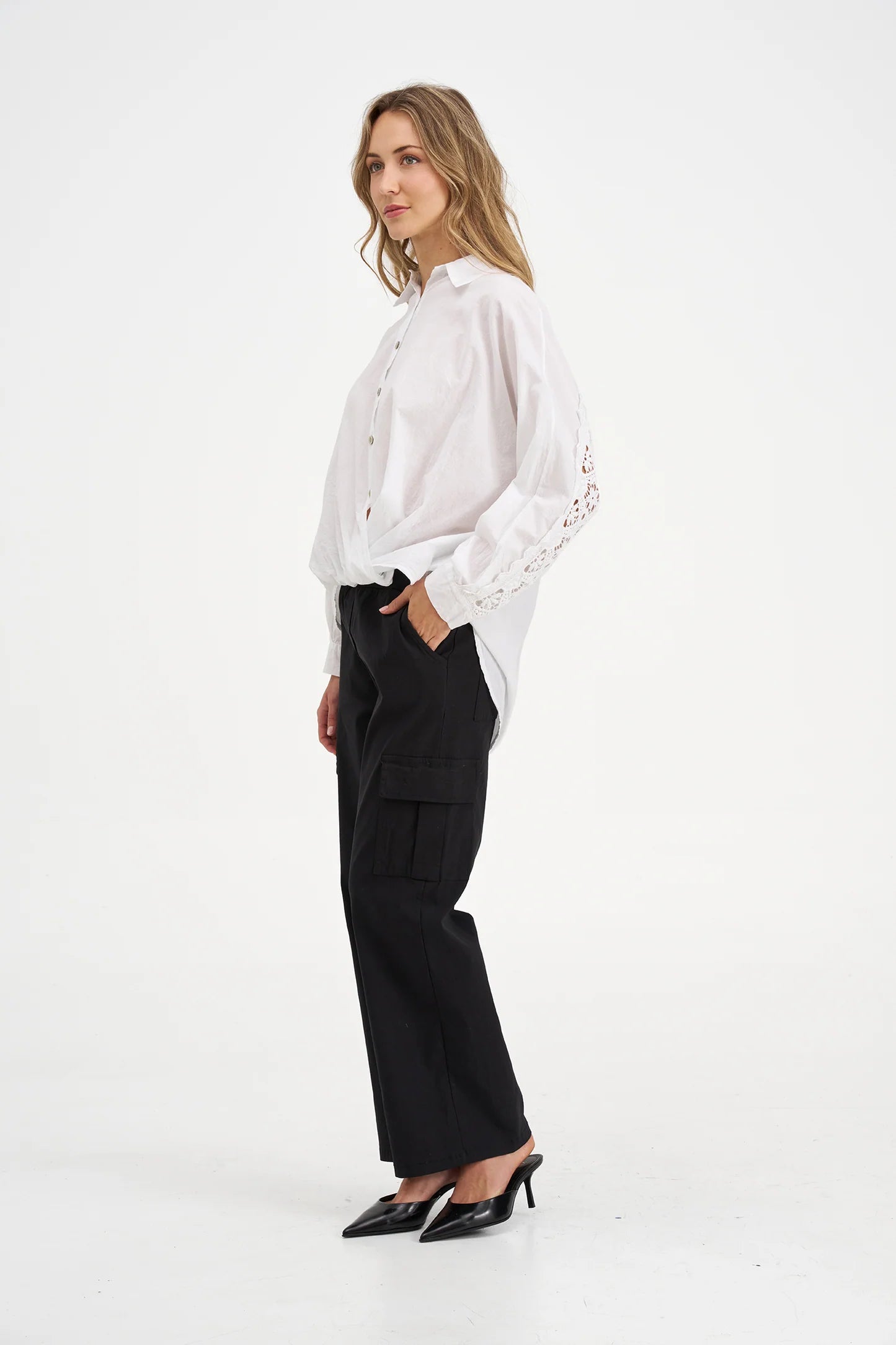 Button Front Top with Open Embroidery Back - White