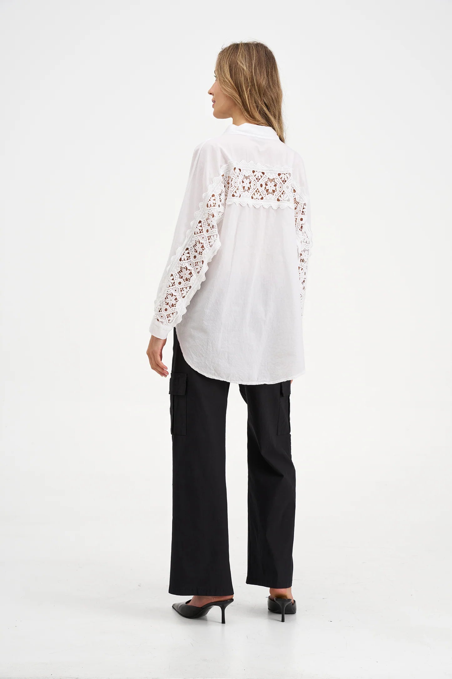 Button Front Top with Open Embroidery Back - White