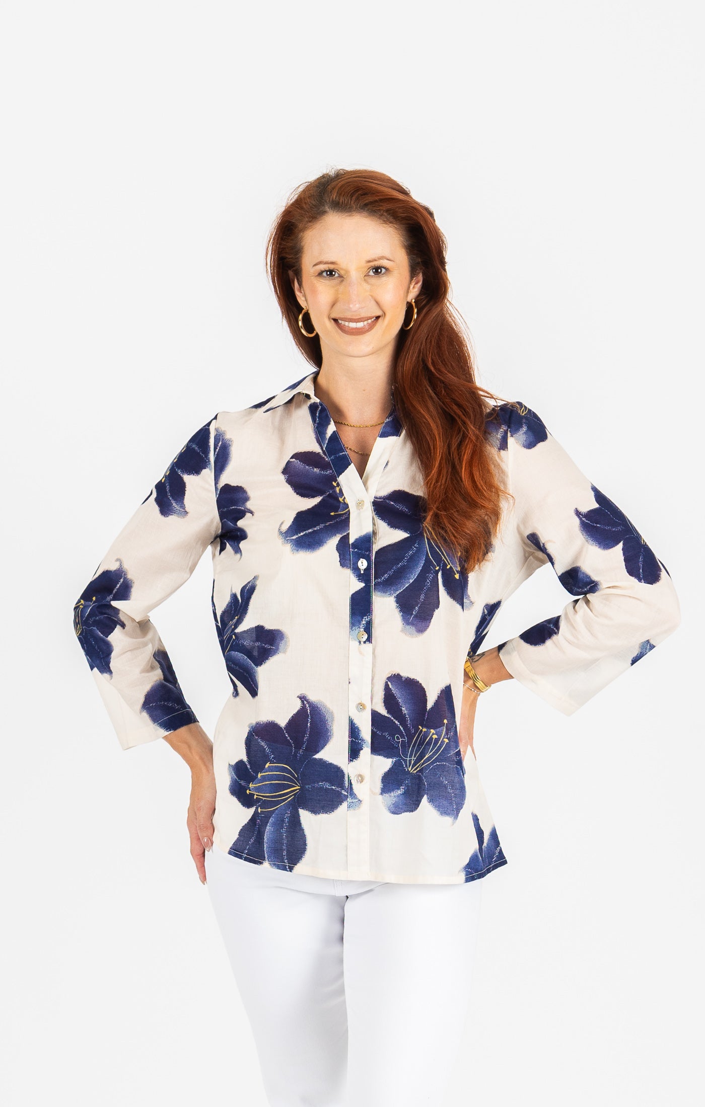 Long Sleeve Button Front Top - Navy Floral