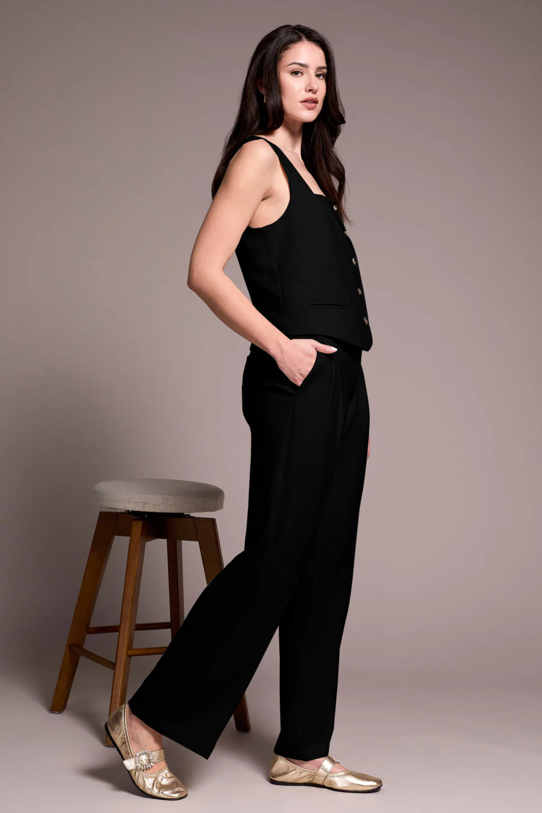 High Rise Pleat Front Pants - Black