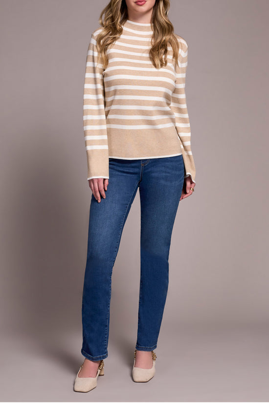 Funnel Neck Striped Sweater - Heather Latte