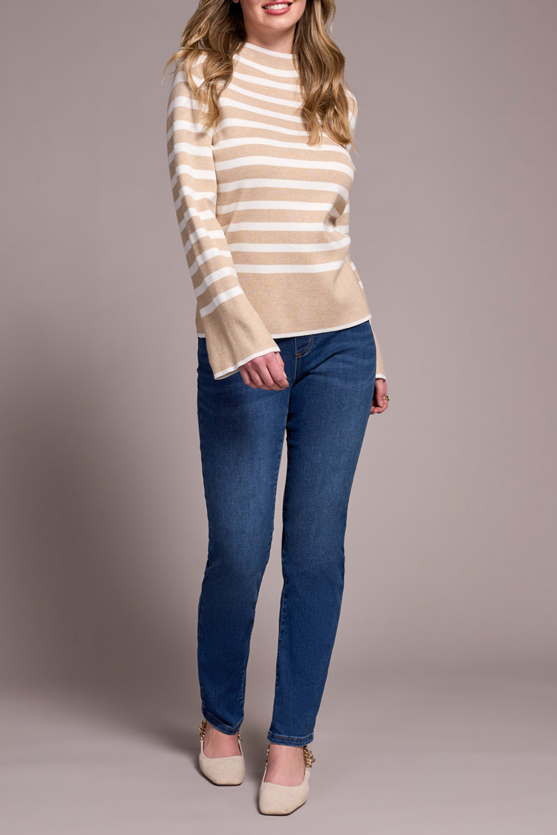 Funnel Neck Striped Sweater - Heather Latte