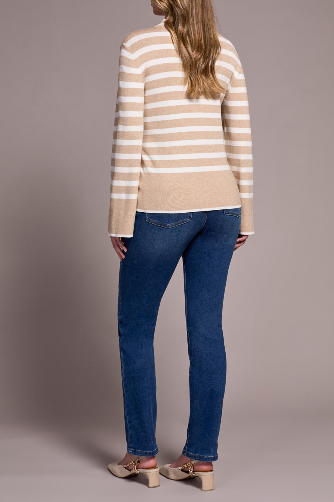 Funnel Neck Striped Sweater - Heather Latte