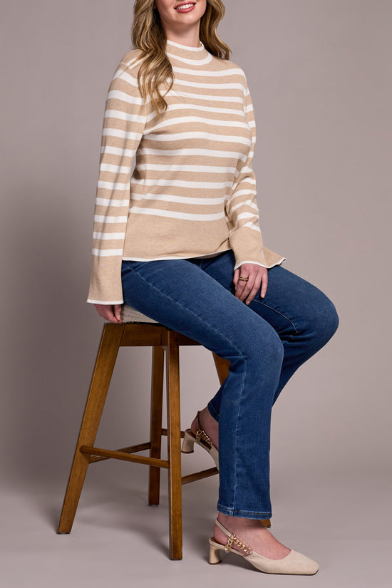 Funnel Neck Striped Sweater - Heather Latte
