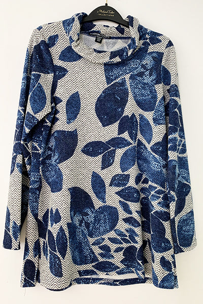 Cowl Neck Floral Print Top - Blue / Grey