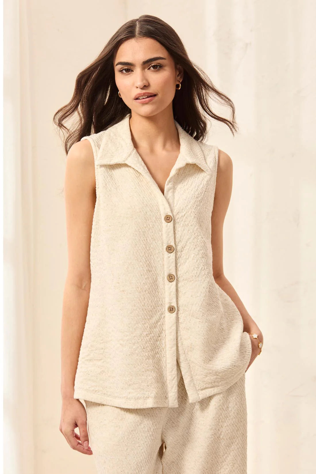 Sleeveless Button Front Top - Canvas