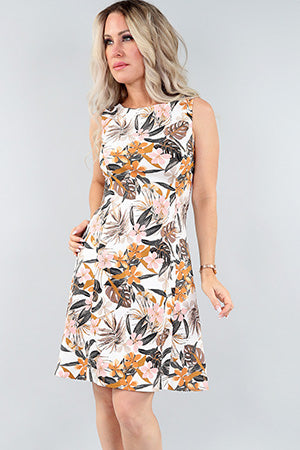 Sleeveless Flared Dress - Floral Peach & Ivory