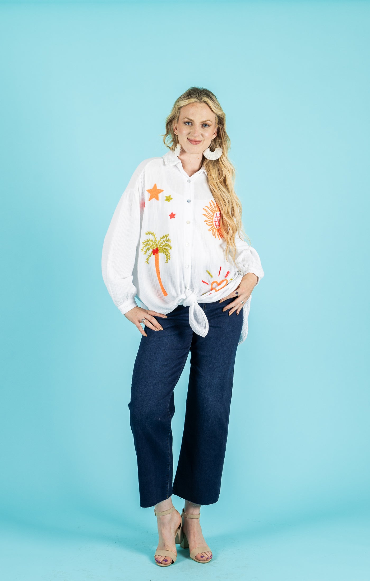 Long Sleeve Top with Embroidered Sun - White