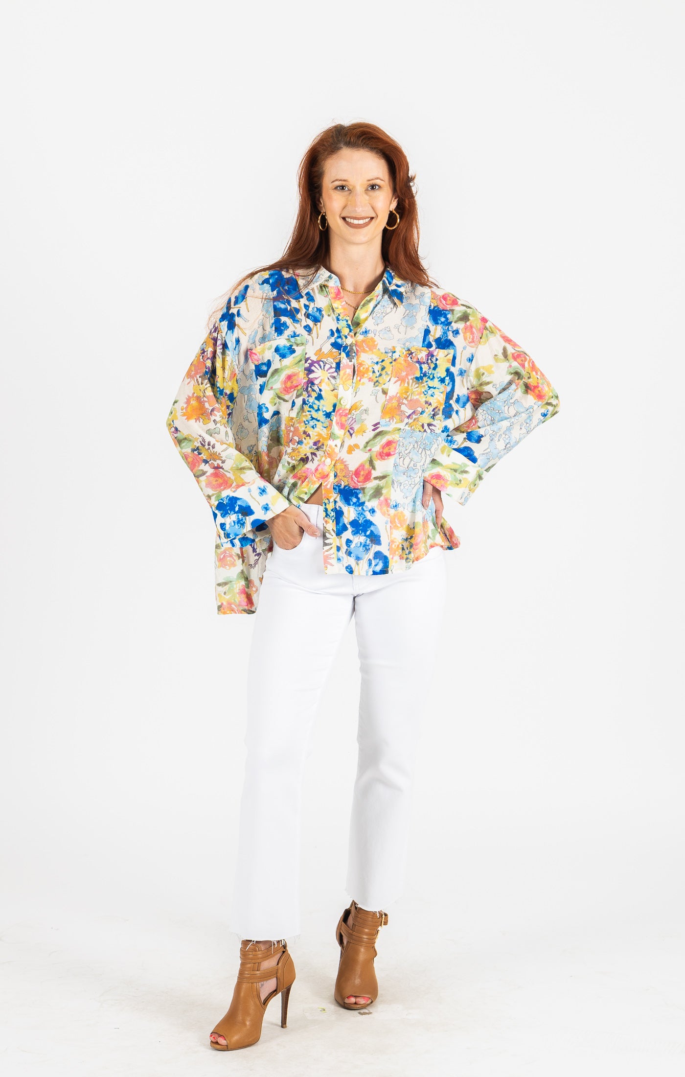 Long Sleeve Watercolor Floral Top - Vintage Green