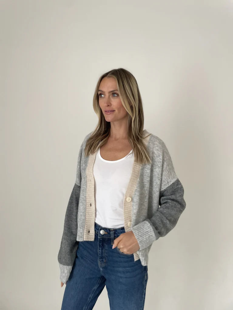 Colorblock V-Neck Cardigan Sweater - Grey