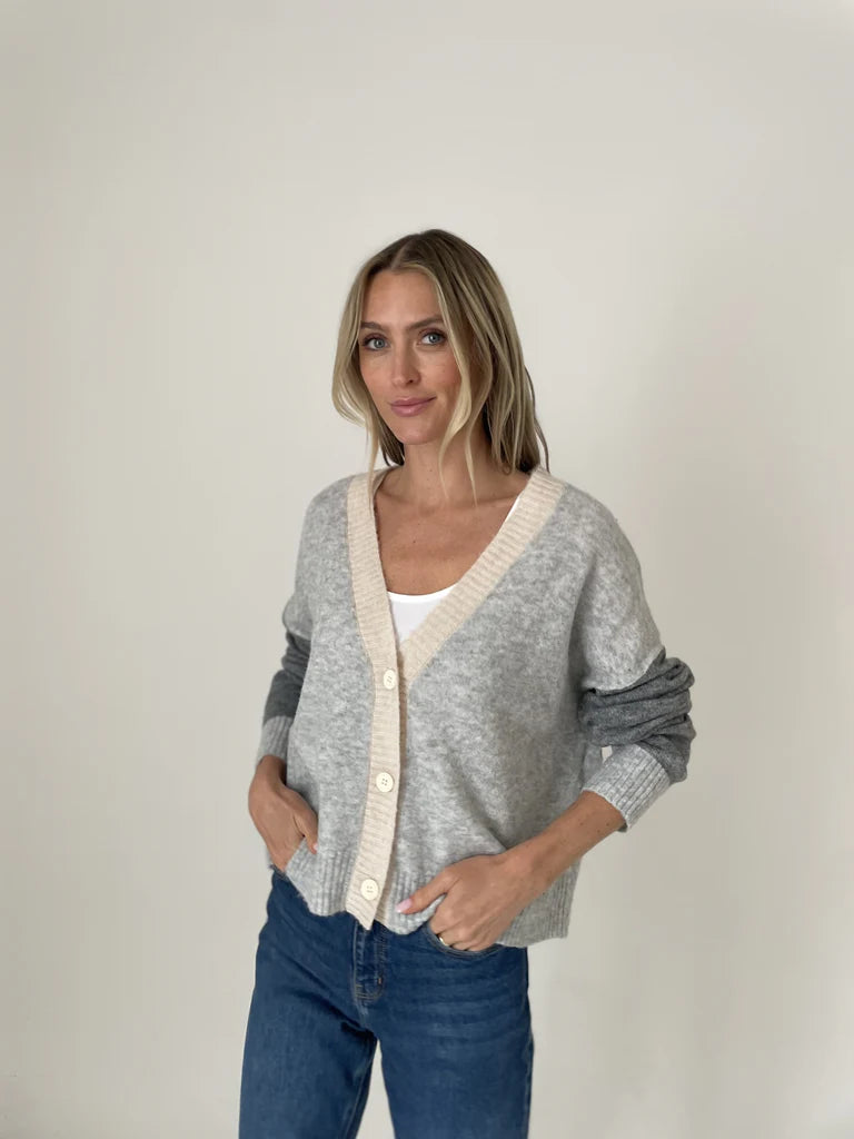 Colorblock V-Neck Cardigan Sweater - Grey