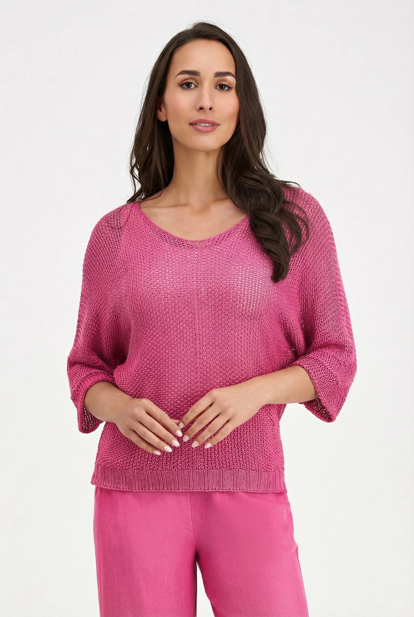 Open Weave V-Neck Sweater - Hibiscus