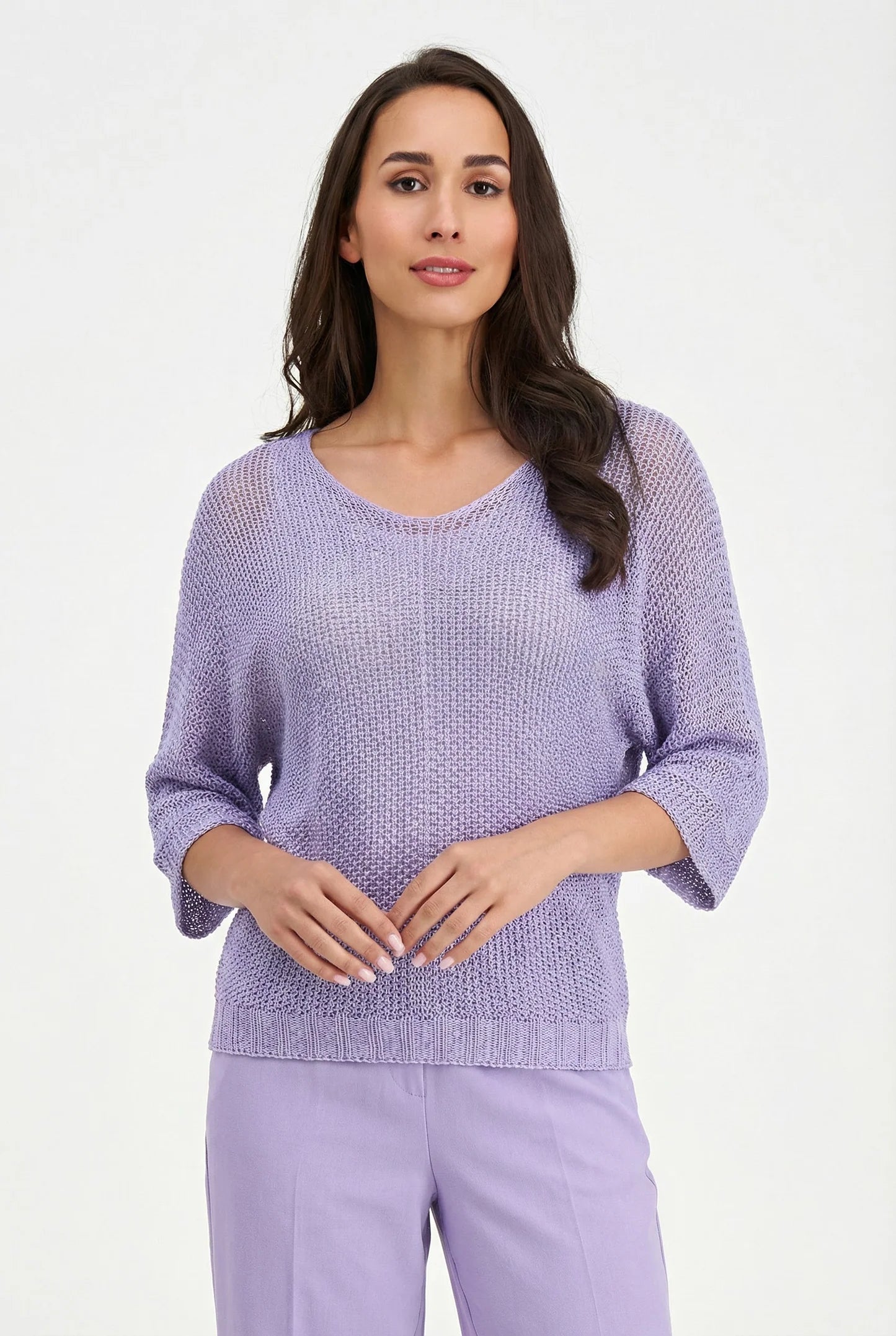 Open Weave V-Neck Sweater - Lavender