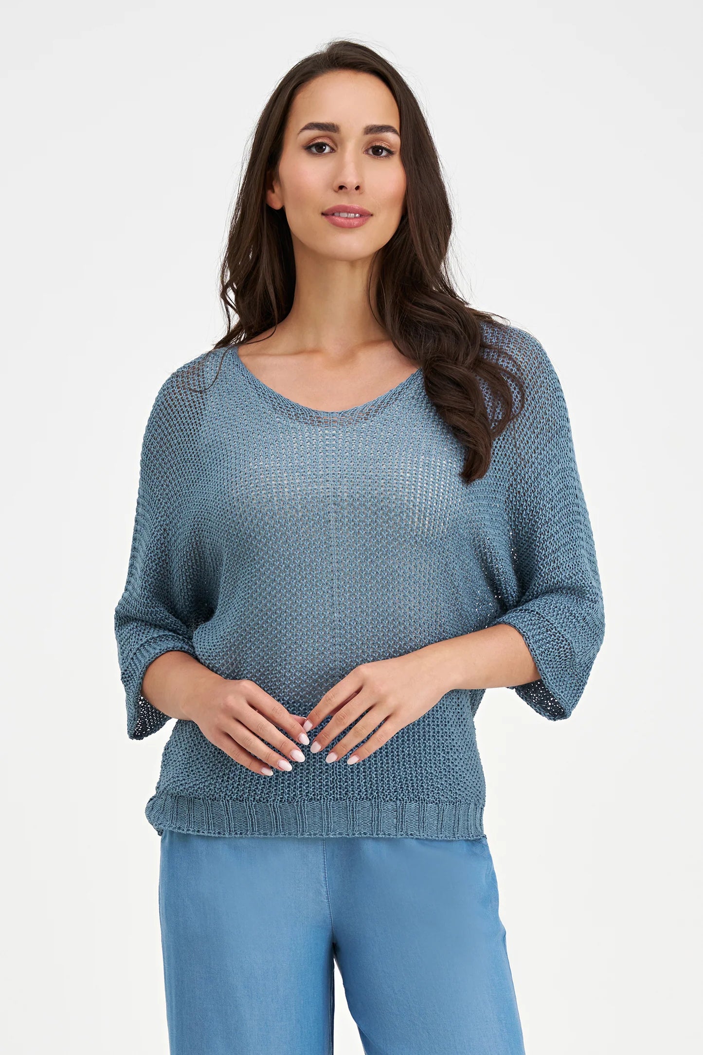 Open Weave V-Neck Sweater - Marine