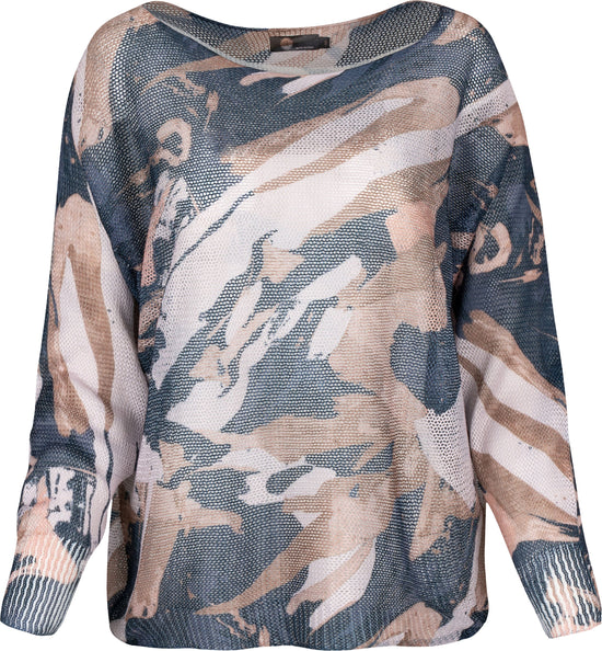 Print Sweater with Dolman Sleeves - Navy Waves