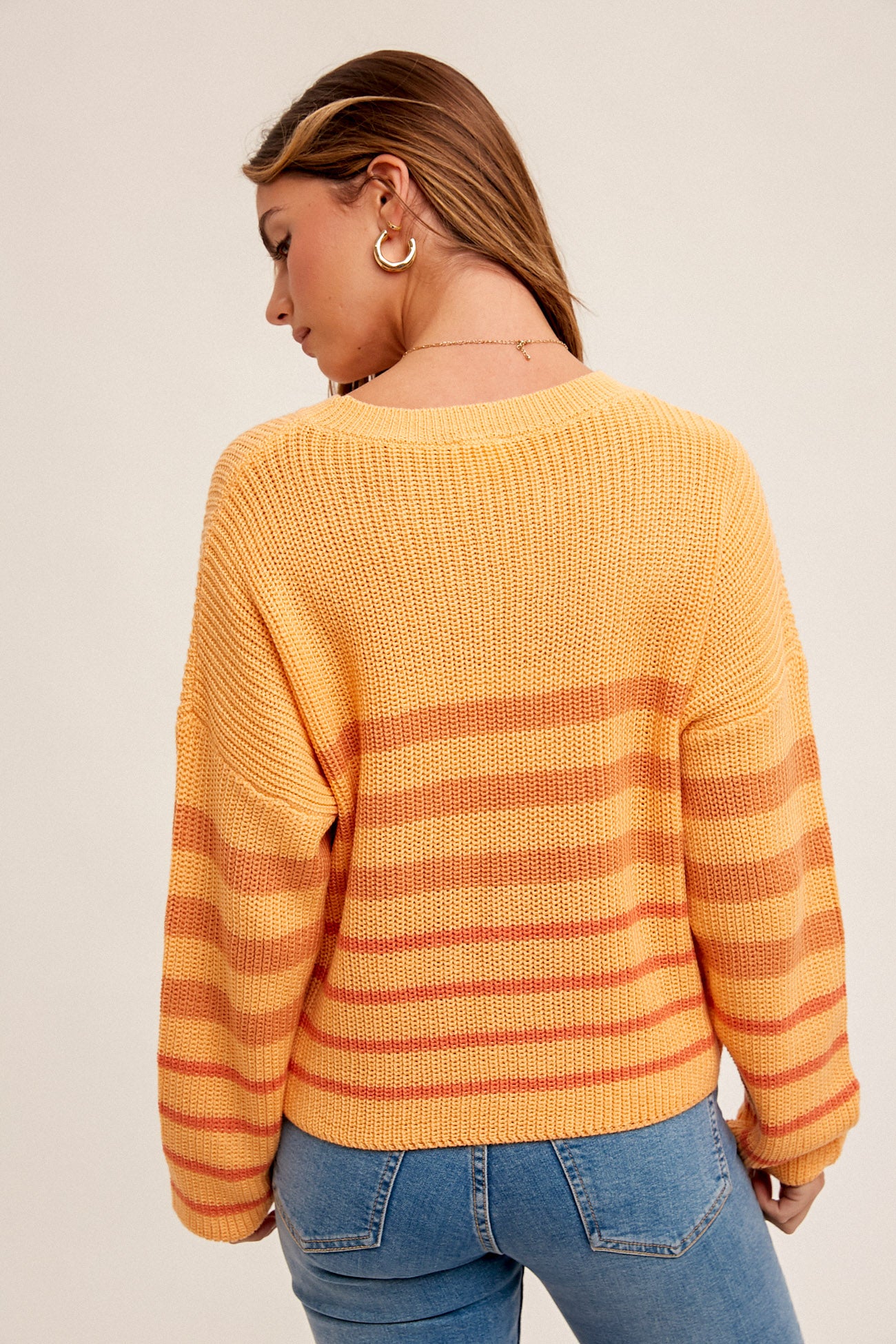 Striped Pullover Sweater with Round Neck - Orange