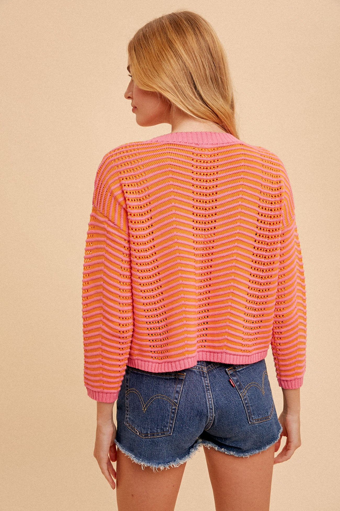 Round Neck Pointelle Striped Sweater - Orange/Pink
