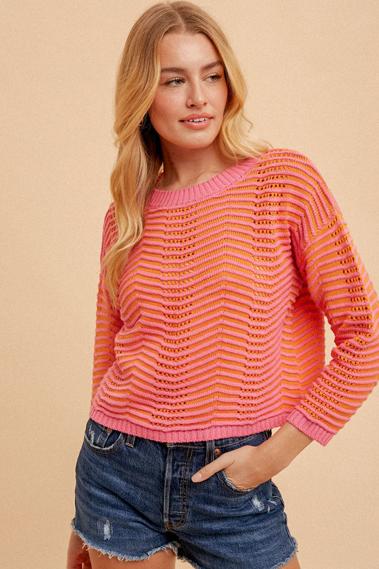 Round Neck Pointelle Striped Sweater - Orange/Pink
